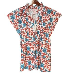 NWT! Victoria Dunn Floral Blouse Smocked Flutter Sleeve Women’s L (runs big)
